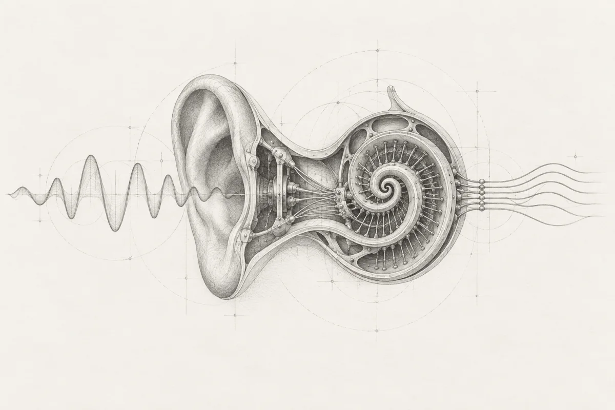 A mechanical ear and cochlea drawn in graphite, turning a flowing waveform into fine parallel signal lines.
