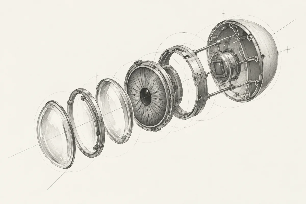 Graphite drawing of an optical sensor with its precision lenses separated along a construction axis.