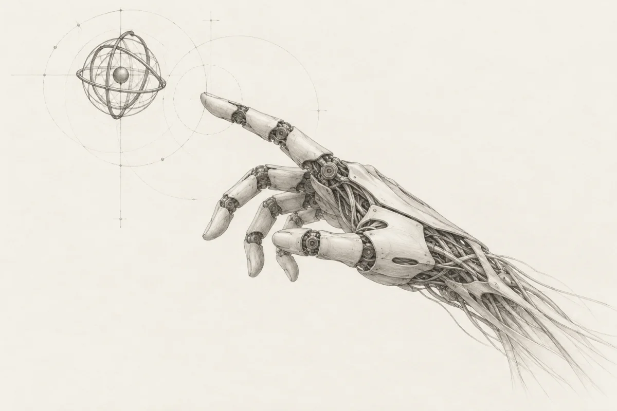 A mechanical hand reaches toward an open sphere, drafted with delicate construction lines.